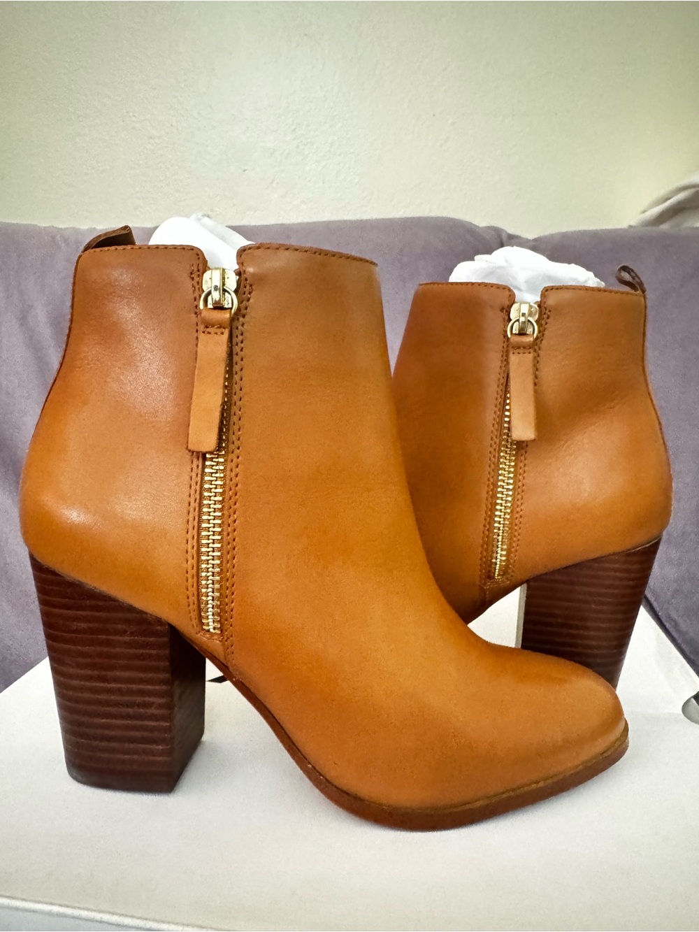 Aldo Cognac Tan Leather Block Heel Ankle Boots with Gold Zipper